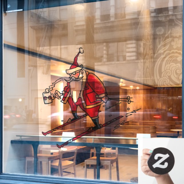 Santa Skiing lg see-thru window cling front stick (Cafe Window)