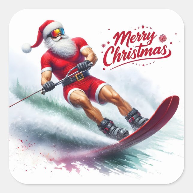 Santa Skiing on a Sunny Winter Day Square Sticker (Front)