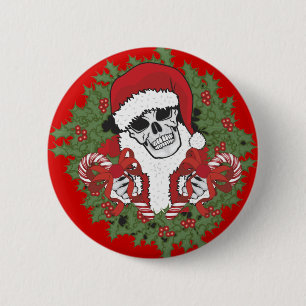 Santa Skull with Wreath 2 Inch Round Button