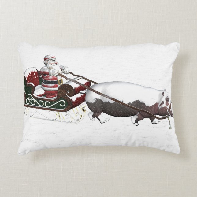 Santa Sled Pulled By Hippopotamus Decorative Pillow (Front)