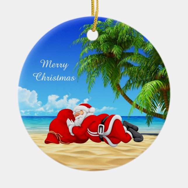 santa sleeping on the beach ceramic ornament (Front)