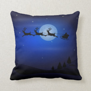 Santa Sleigh and Reindeer Flying Throw Pillow