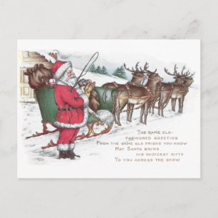 Santa, Sleigh and Reindeer Vintage Christmas Holiday Postcard
