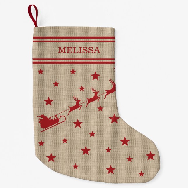 Santa Sleigh And Reindeers & Text Rustic Christmas Small Christmas Stocking (Front)