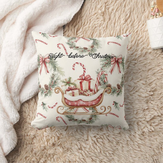 Santa Sleigh Candy Cane Christmas Throw Pillow (Blanket)