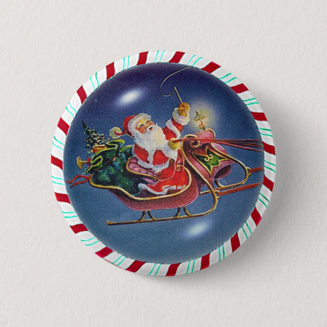 SANTA, SLEIGH & CANDY CANE WREATH 2 INCH ROUND BUTTON (Front)