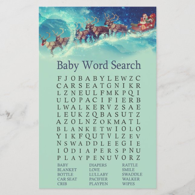 Santa Sleigh Christmas Baby Shower Word Search (Front)