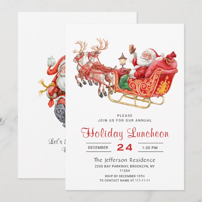 Santa Sleigh Christmas Holiday Luncheon Invitation (Front/Back)