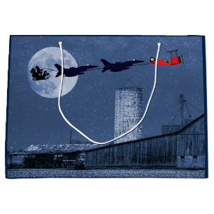 Santa, Sleigh, F-16 Jets and Red Biplane Christmas Large Gift Bag