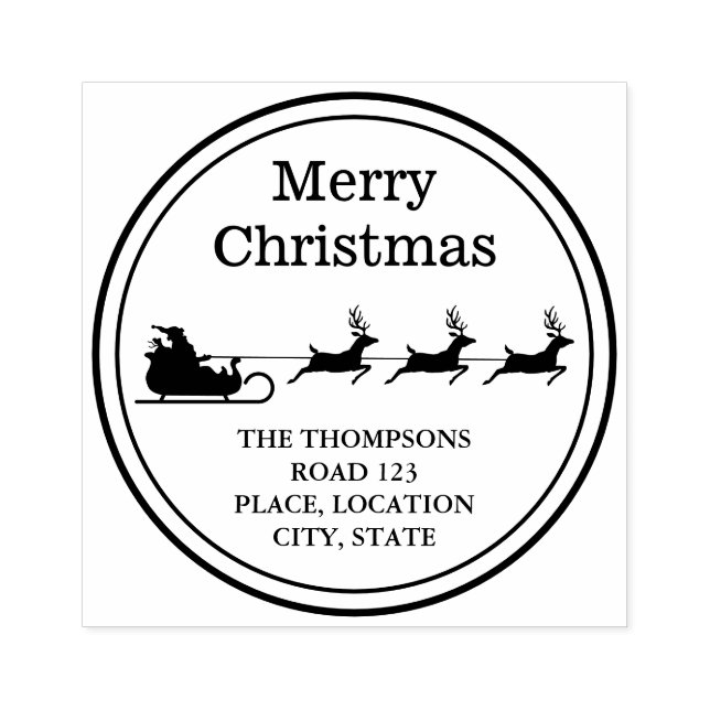 Santa Sleigh Merry Christmas And Custom Address Rubber Stamp (Imprint)
