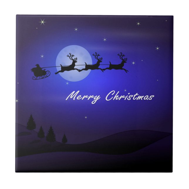 Santa Sleigh Moon Merry Christmas Tile (Front)