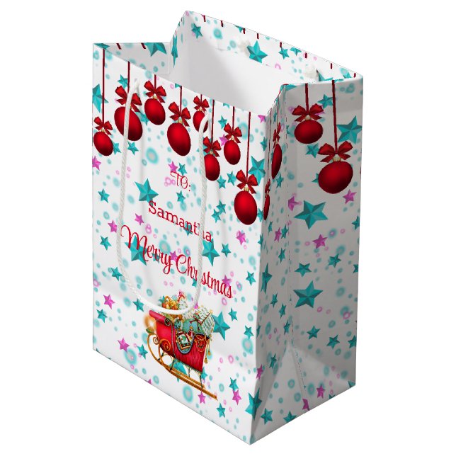 Santa Sleigh Pink Blue Christmas Stars Personalize Medium Gift Bag (Front Angled)