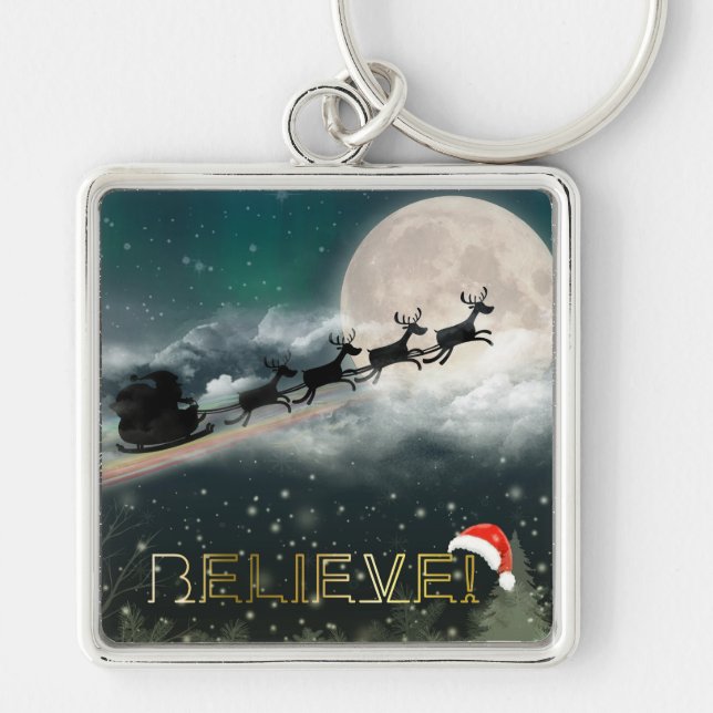Santa Sleigh Reindeer Christmas Button Keychain (Front)