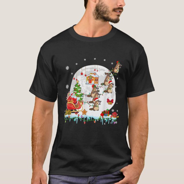 Santa Sleigh Reindeer Elf Platypuses Carrying Xmas T-Shirt (Front)