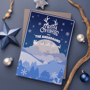Santa Sleigh & Reindeer Flying in the Midnight Sky Holiday Card