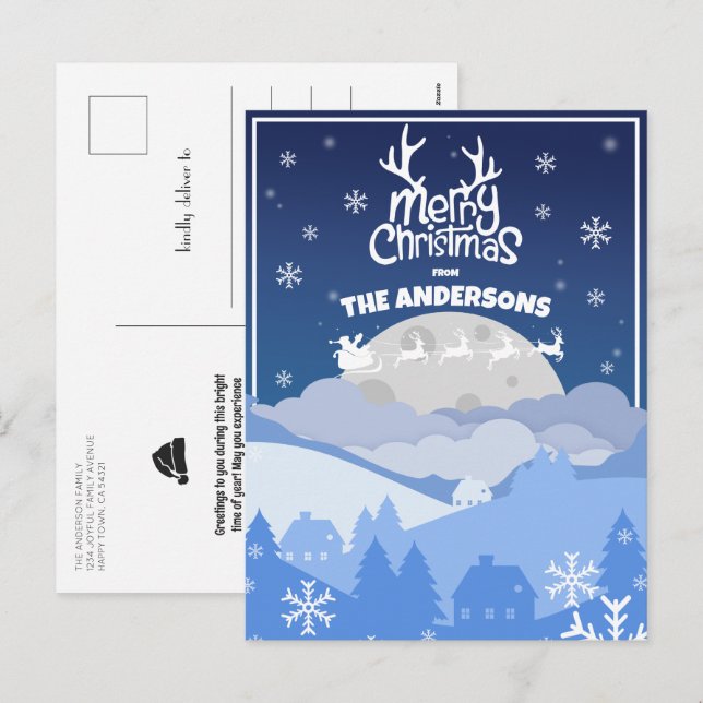 Santa Sleigh & Reindeer Flying in the Midnight Sky Holiday Postcard (Front/Back)