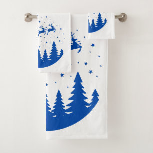 Santa Sleigh Reindeer Flying Over Treetops Cobalt Bath Towel Set