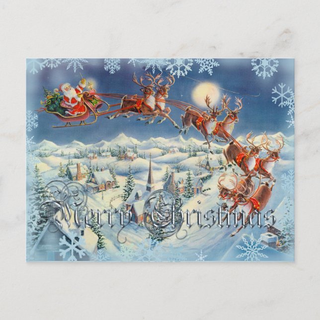 SANTA, SLEIGH, REINDEER & TEXT by SHARON SHARPE Holiday Postcard (Front)