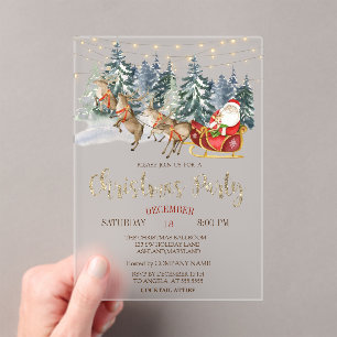 Santa,Sleigh,Reindeers,Forest Christmas Party Acrylic Invitations