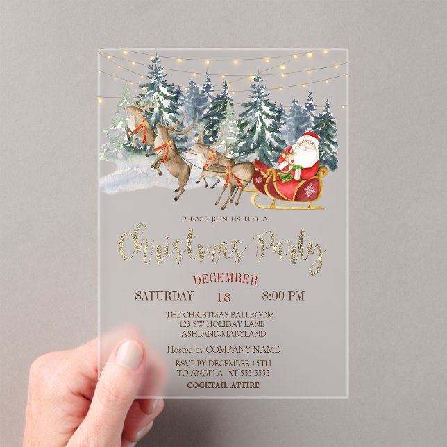  Santa,Sleigh,Reindeers,Forest Christmas Party   Acrylic Invitations (Insitu (Handheld))