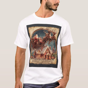 Santa sleigh ride, flying reindeer, vintage Christ T-Shirt