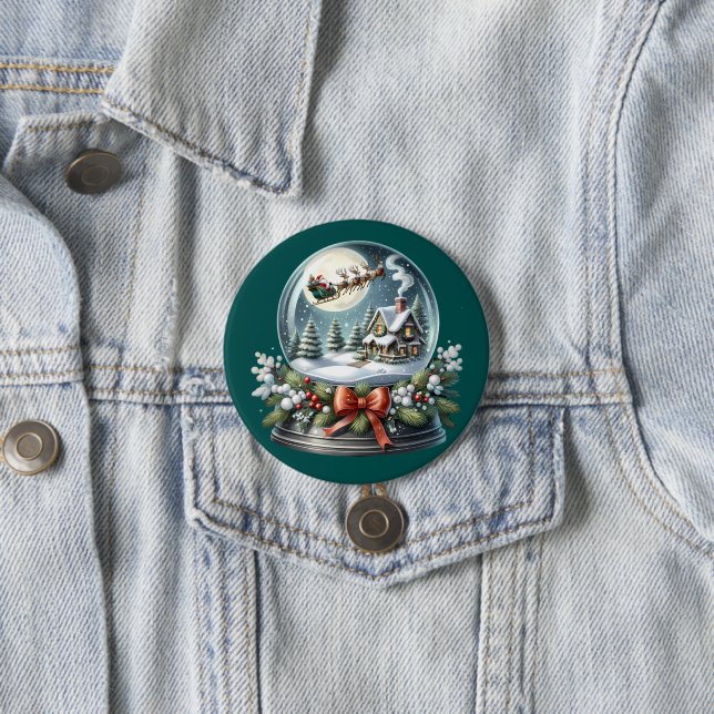 Santa Sleigh Ride in Snow Globe Wonderland 3 Inch Round Button (In Situ)