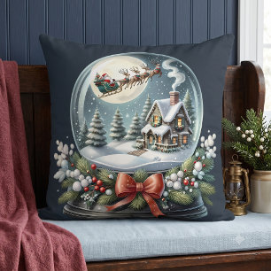 Santa Sleigh Ride in Snow Globe Wonderland Blue Throw Pillow