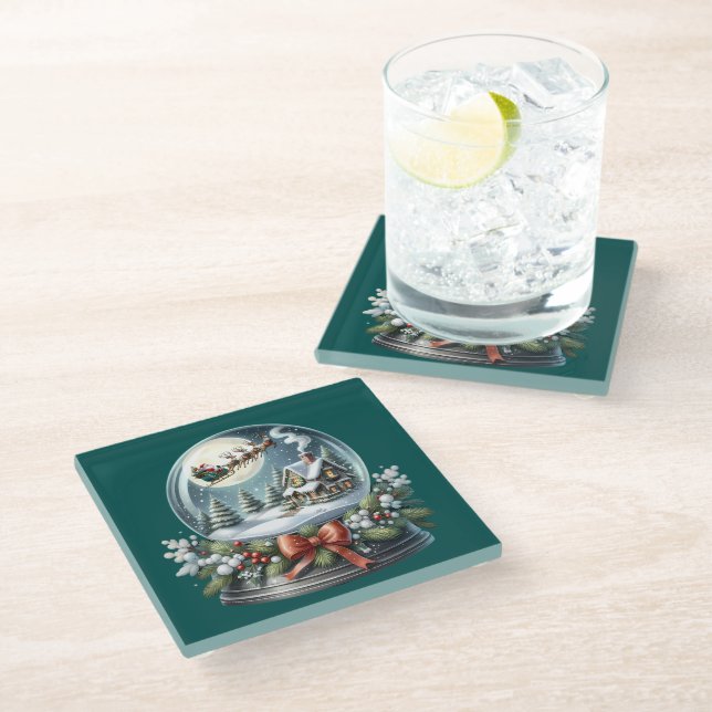 Santa Sleigh Ride in Snow Globe Wonderland Glass Coaster (Angled)