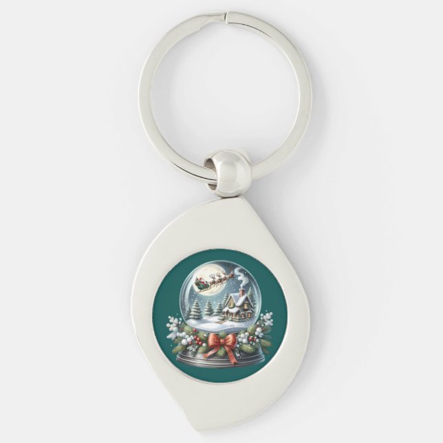 Santa Sleigh Ride in Snow Globe Wonderland Keychain (Front)