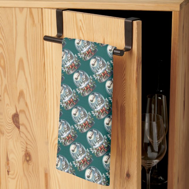 Santa Sleigh Ride in Snow Globe Wonderland Kitchen Towel (Thirds Fold)
