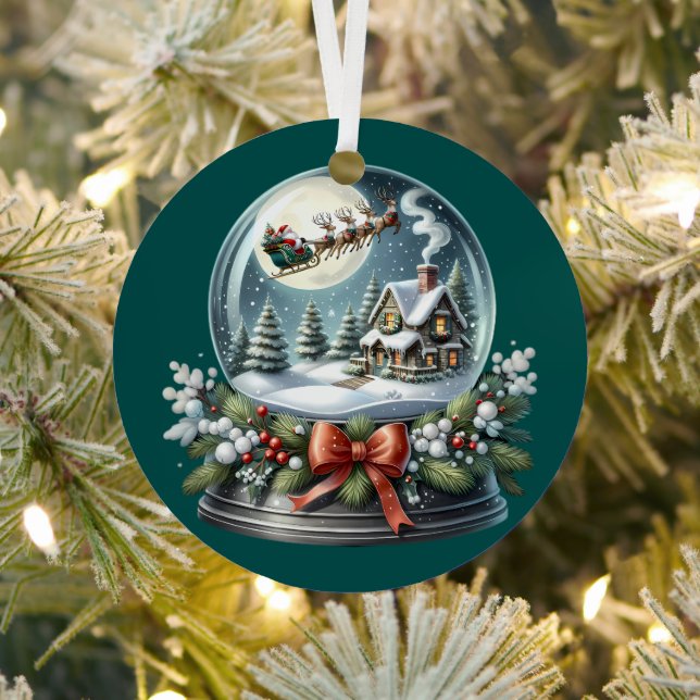 Santa Sleigh Ride in Snow Globe Wonderland Metal Ornament (Insitu)