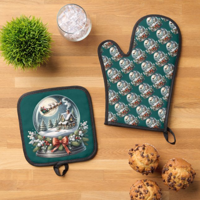 Santa Sleigh Ride in Snow Globe Wonderland Oven Mitt & Pot Holder Set (Top Down)