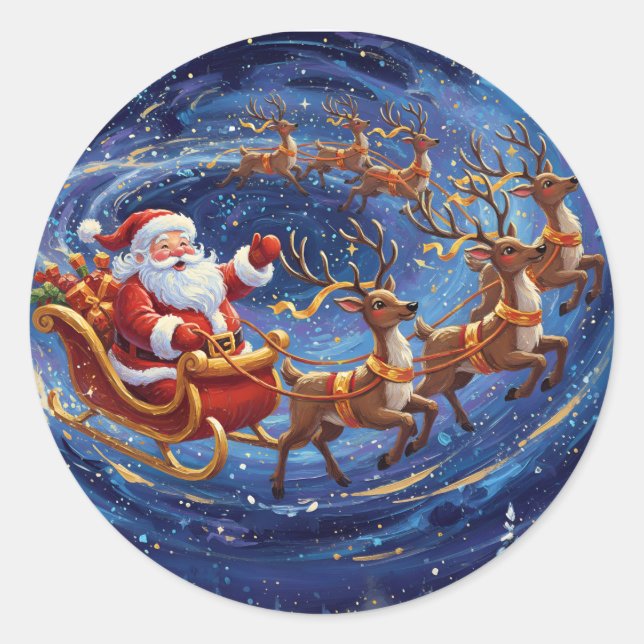 Santa Sleigh Ride – Magical Christmas Classic Round Sticker (Front)