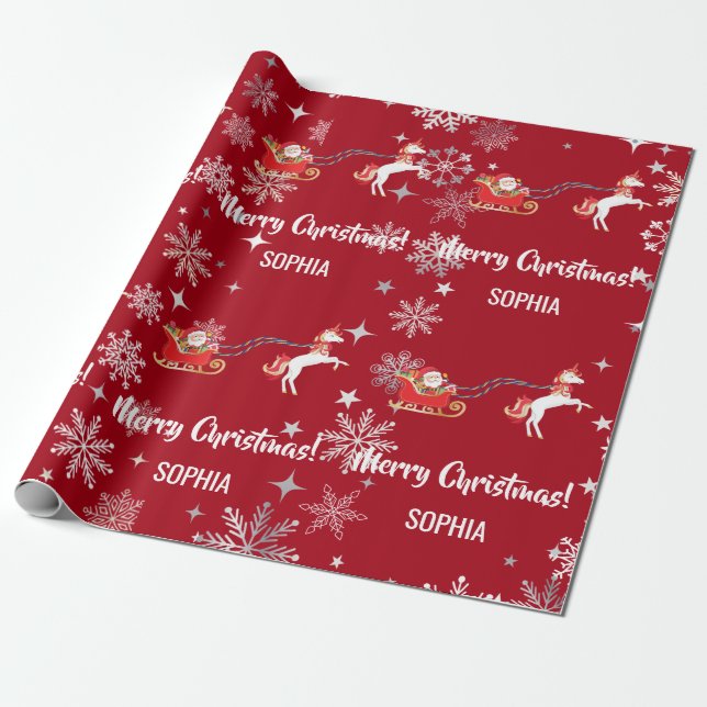 Santa Sleigh Unicorn Snowflakes Personalized Xmas Wrapping Paper (Unrolled)
