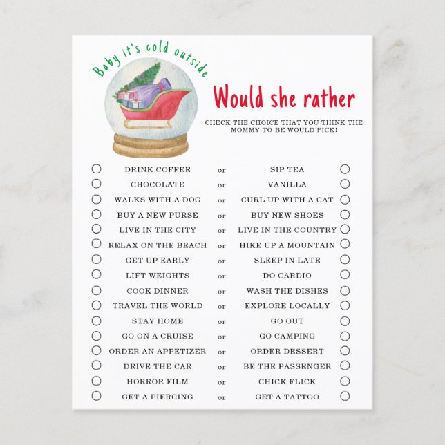 Santa sleigh - Would she rather - baby shower game (Front)