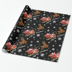 Santa & Sleigh Wrapping paper. Glossy black red Wrapping Paper