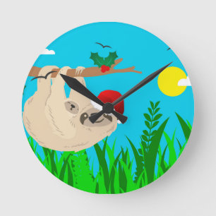 santa sloth round clock