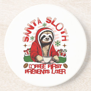 Santa sloth sipping coffee  coaster
