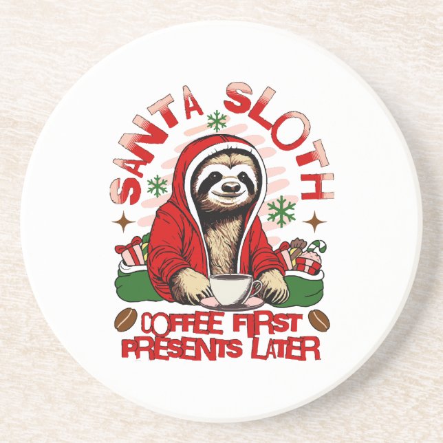 Santa sloth sipping coffee  coaster (Front)