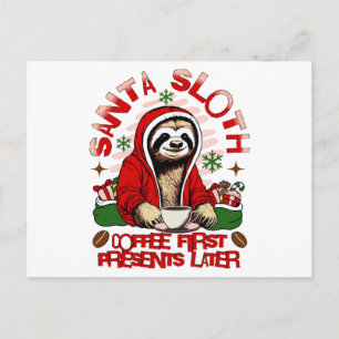 Santa sloth sipping coffee  holiday postcard