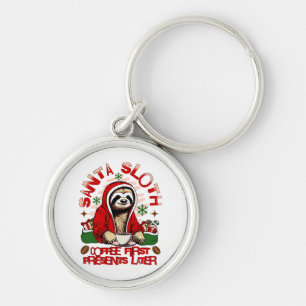 Santa sloth sipping coffee keychain
