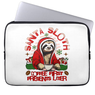 Santa sloth sipping coffee laptop sleeve
