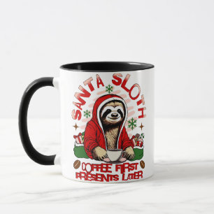 Santa sloth sipping coffee mug