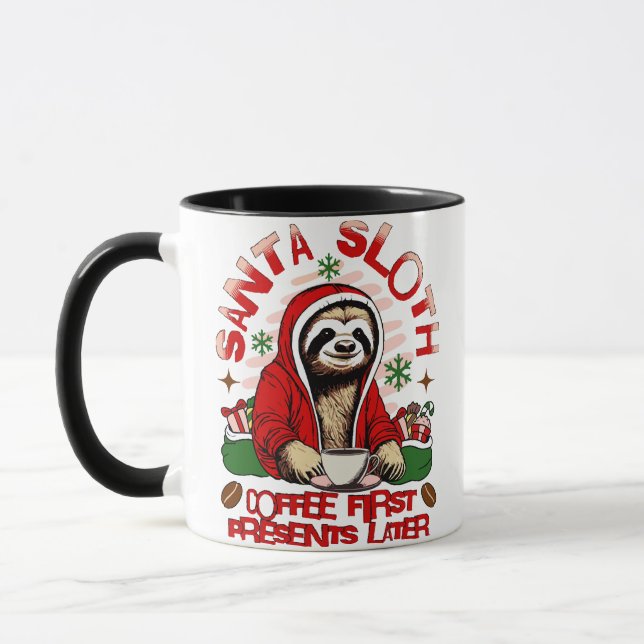 Santa sloth sipping coffee  mug (Left)