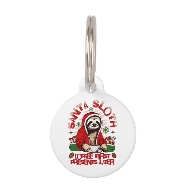 Santa sloth sipping coffee  pet tag (Front)