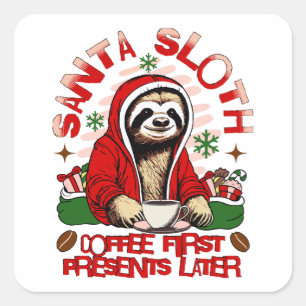 Santa sloth sipping coffee square sticker
