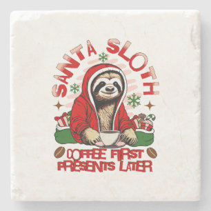 Santa sloth sipping coffee  stone coaster