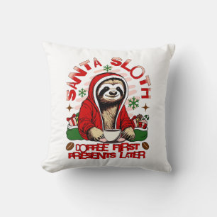 Santa sloth sipping coffee  throw pillow