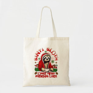 Santa sloth sipping coffee  tote bag