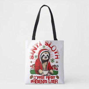 Santa sloth sipping coffee  tote bag
